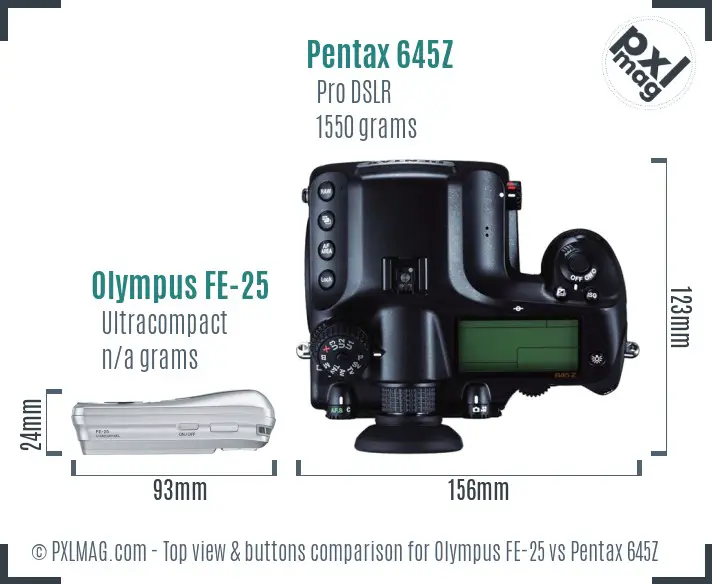Olympus FE-25 vs Pentax 645Z top view buttons comparison