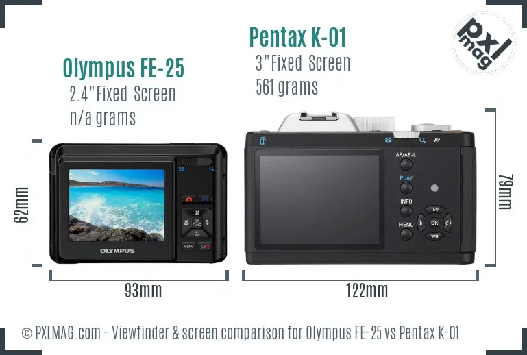 Olympus FE-25 vs Pentax K-01 Screen and Viewfinder comparison