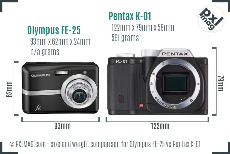 Olympus FE-25 vs Pentax K-01 size comparison