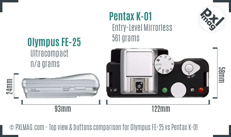Olympus FE-25 vs Pentax K-01 top view buttons comparison