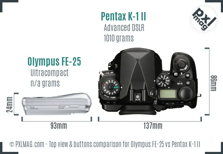 Olympus FE-25 vs Pentax K-1 II top view buttons comparison