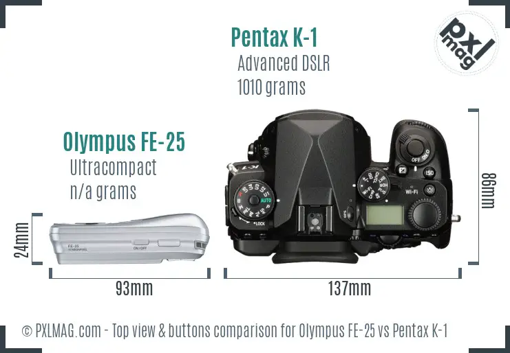 Olympus FE-25 vs Pentax K-1 top view buttons comparison