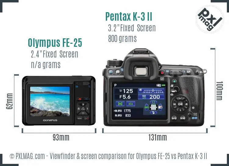 Olympus FE-25 vs Pentax K-3 II Screen and Viewfinder comparison