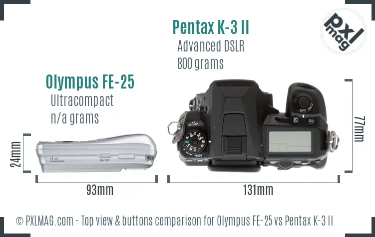 Olympus FE-25 vs Pentax K-3 II top view buttons comparison