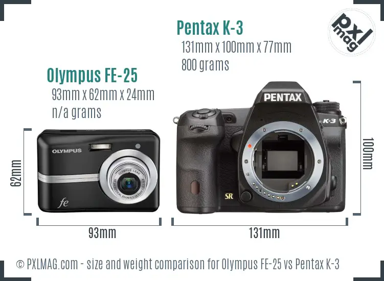 Olympus FE-25 vs Pentax K-3 size comparison