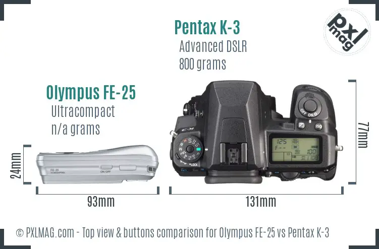 Olympus FE-25 vs Pentax K-3 top view buttons comparison
