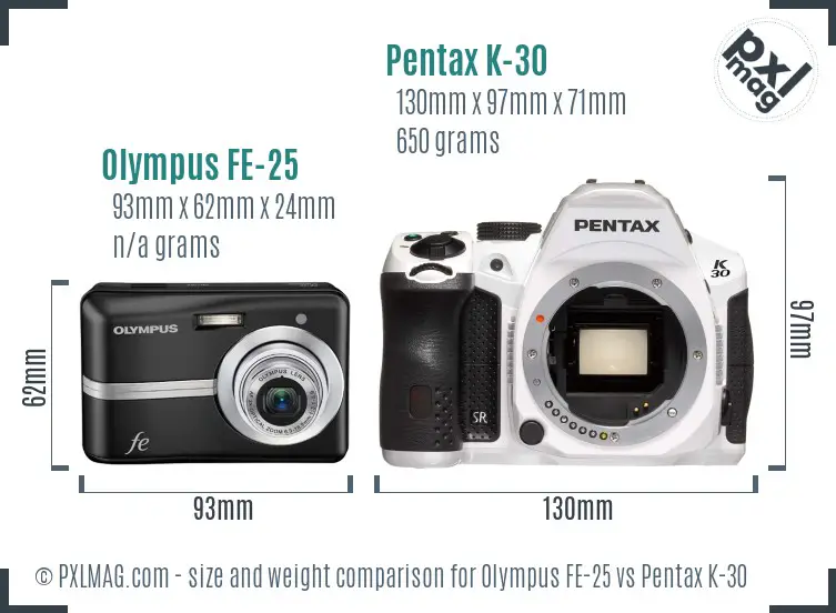 Olympus FE-25 vs Pentax K-30 size comparison