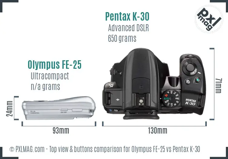 Olympus FE-25 vs Pentax K-30 top view buttons comparison