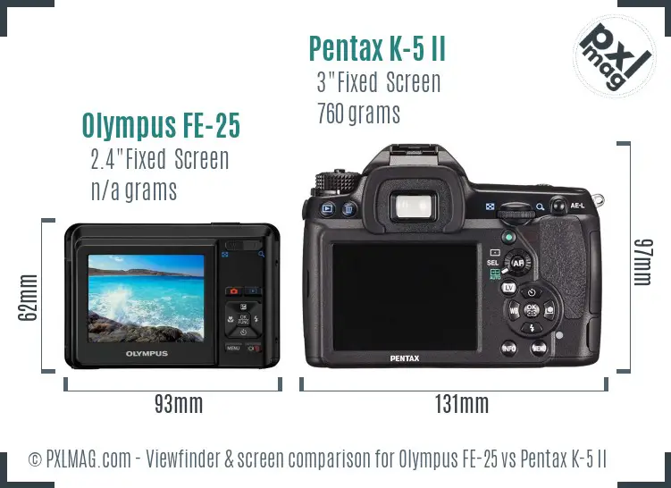 Olympus FE-25 vs Pentax K-5 II Screen and Viewfinder comparison