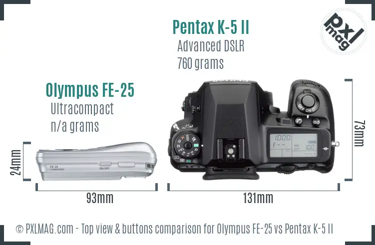 Olympus FE-25 vs Pentax K-5 II top view buttons comparison