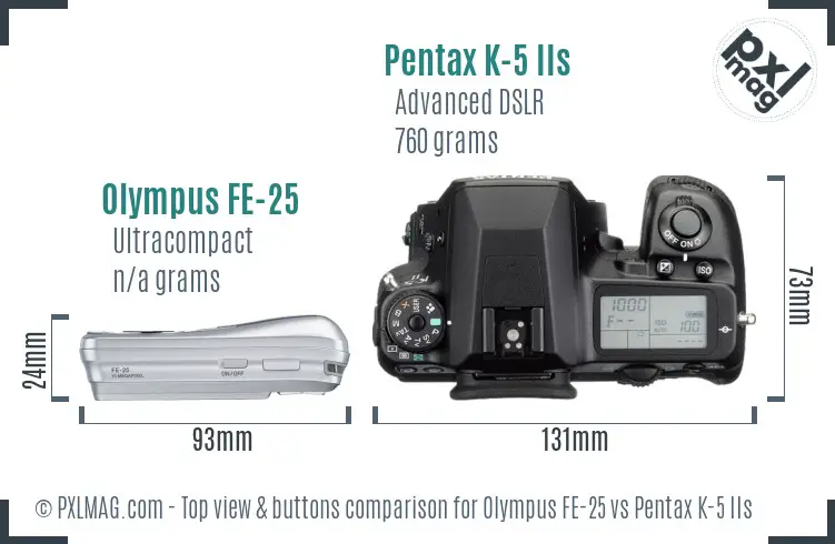 Olympus FE-25 vs Pentax K-5 IIs top view buttons comparison