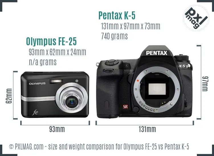 Olympus FE-25 vs Pentax K-5 size comparison