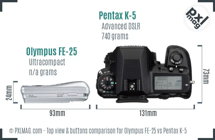 Olympus FE-25 vs Pentax K-5 top view buttons comparison