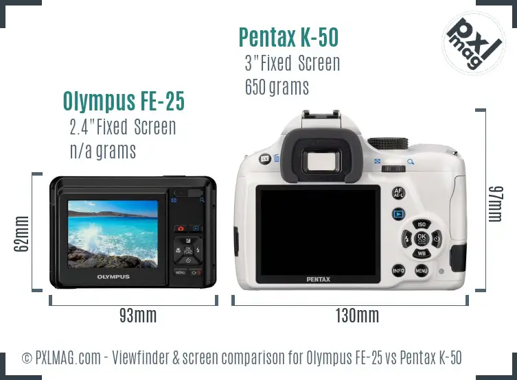 Olympus FE-25 vs Pentax K-50 Screen and Viewfinder comparison