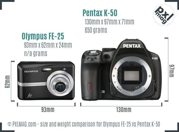 Olympus FE-25 vs Pentax K-50 size comparison