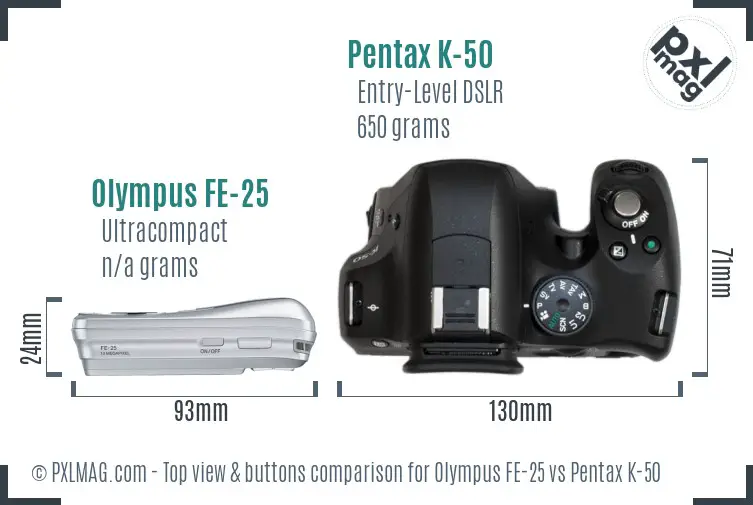 Olympus FE-25 vs Pentax K-50 top view buttons comparison