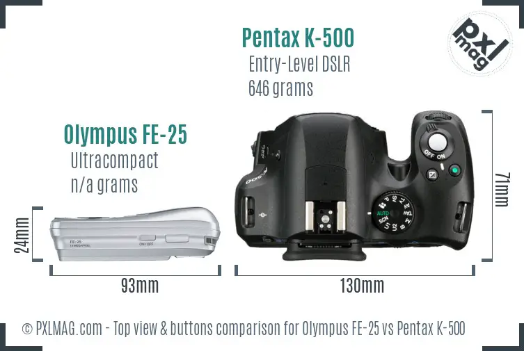 Olympus FE-25 vs Pentax K-500 top view buttons comparison