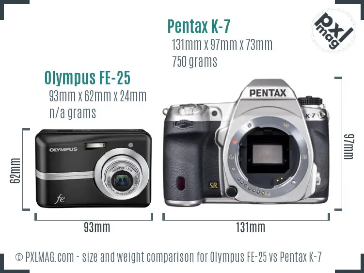 Olympus FE-25 vs Pentax K-7 size comparison