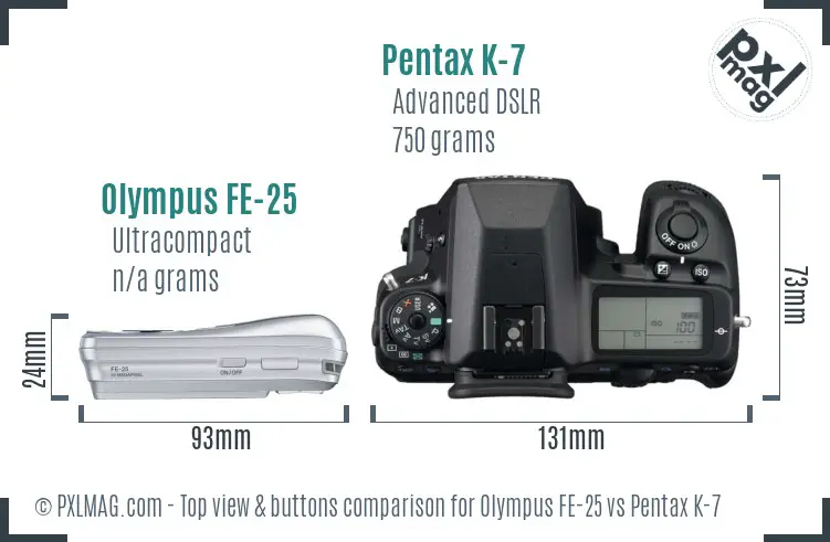 Olympus FE-25 vs Pentax K-7 top view buttons comparison