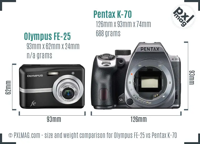 Olympus FE-25 vs Pentax K-70 size comparison