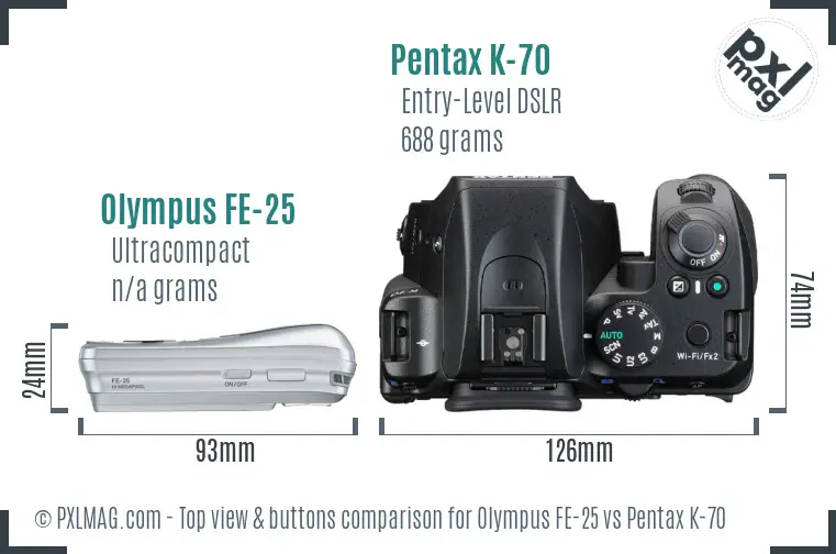 Olympus FE-25 vs Pentax K-70 top view buttons comparison