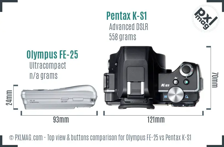 Olympus FE-25 vs Pentax K-S1 top view buttons comparison