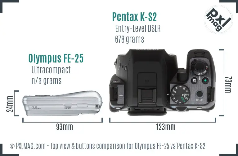 Olympus FE-25 vs Pentax K-S2 top view buttons comparison