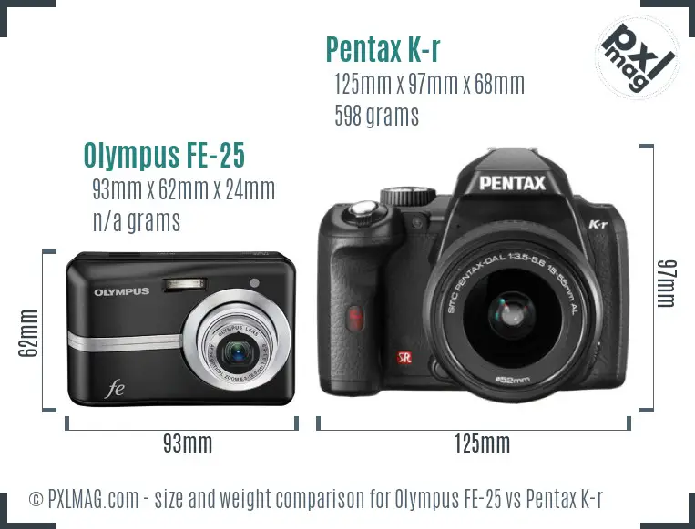 Olympus FE-25 vs Pentax K-r size comparison