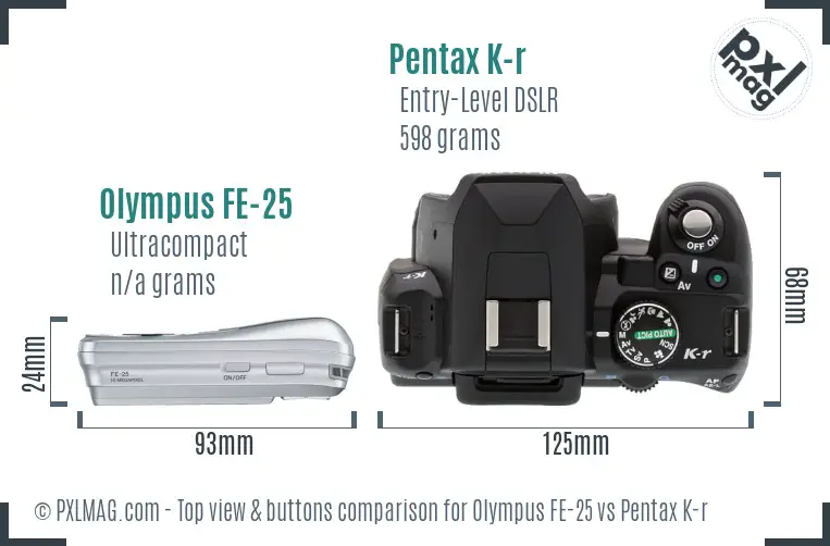 Olympus FE-25 vs Pentax K-r top view buttons comparison