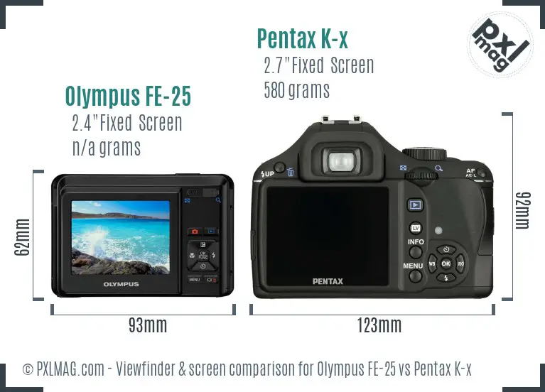 Olympus FE-25 vs Pentax K-x Screen and Viewfinder comparison