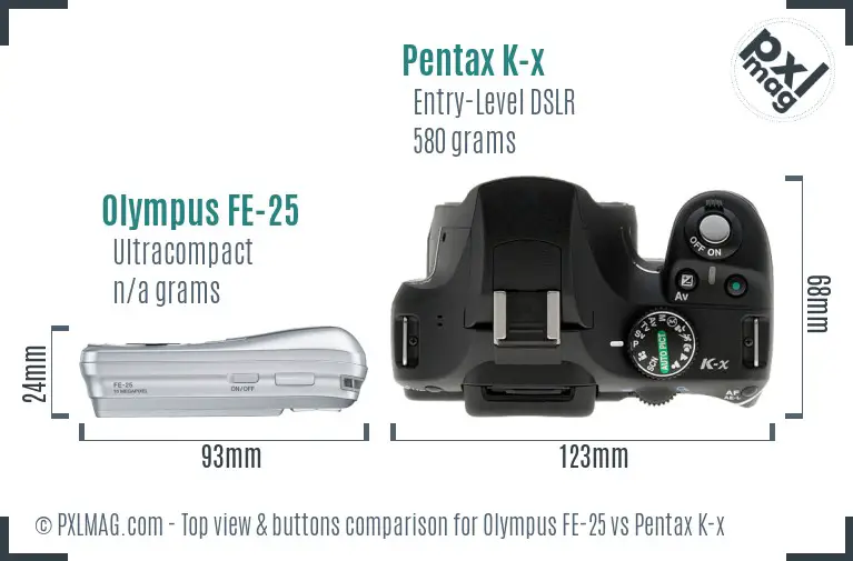 Olympus FE-25 vs Pentax K-x top view buttons comparison