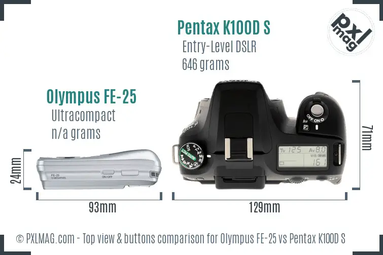 Olympus FE-25 vs Pentax K100D S top view buttons comparison