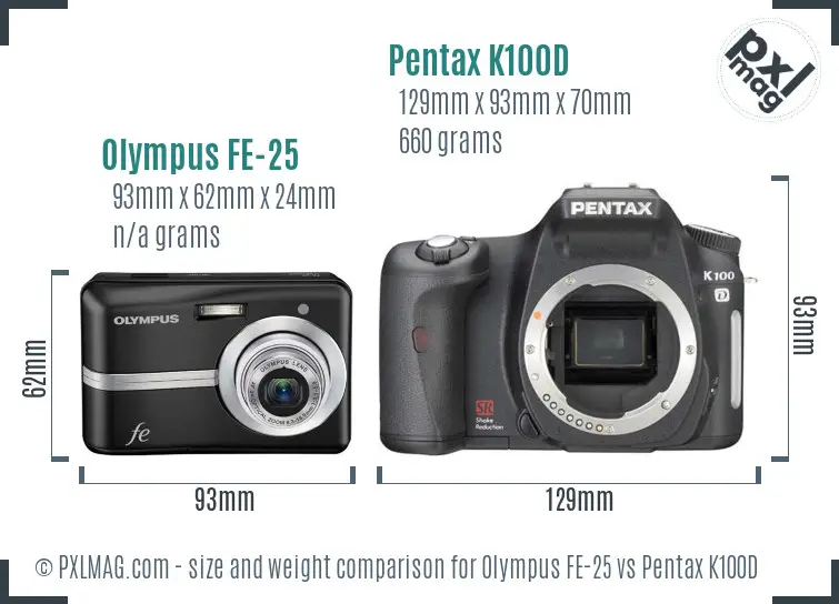 Olympus FE-25 vs Pentax K100D size comparison