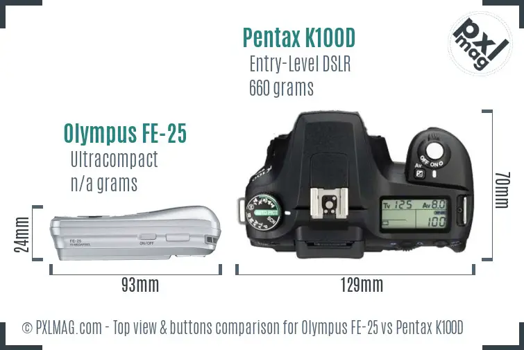 Olympus FE-25 vs Pentax K100D top view buttons comparison