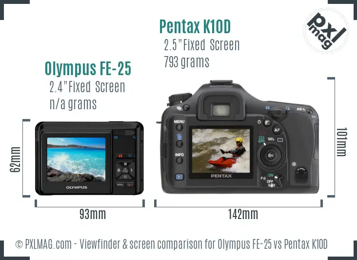 Olympus FE-25 vs Pentax K10D Screen and Viewfinder comparison