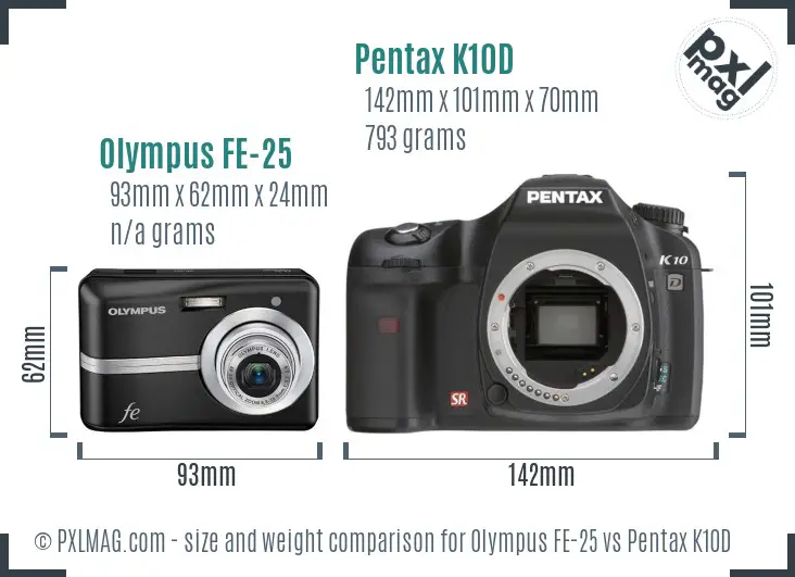 Olympus FE-25 vs Pentax K10D size comparison