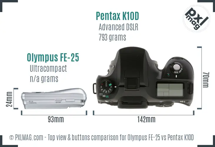 Olympus FE-25 vs Pentax K10D top view buttons comparison