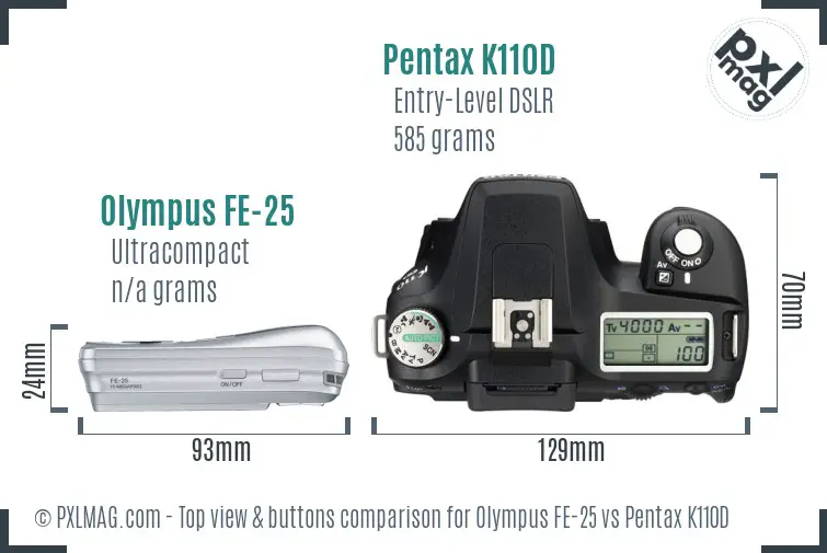 Olympus FE-25 vs Pentax K110D top view buttons comparison
