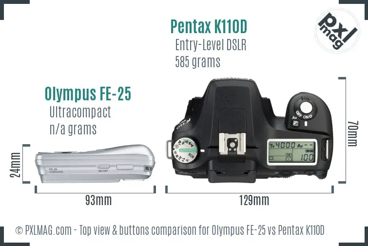 Olympus FE-25 vs Pentax K110D top view buttons comparison Olympus FE-25 vs Pentax K110D top view buttons comparison
