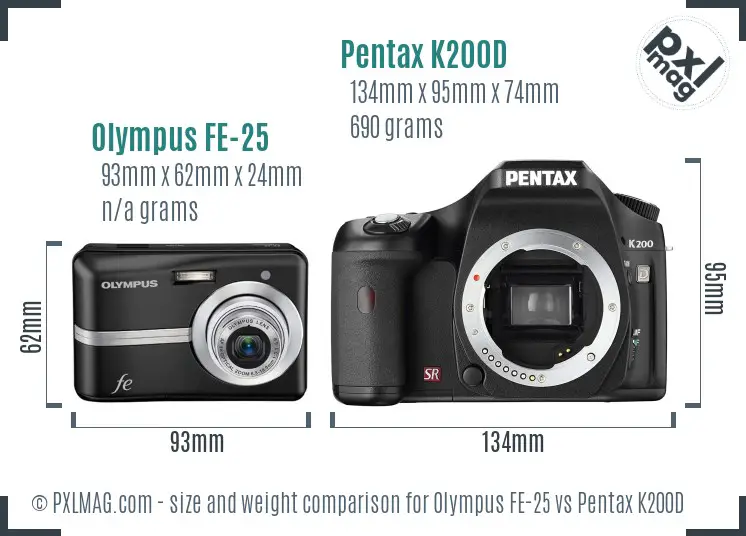 Olympus FE-25 vs Pentax K200D size comparison