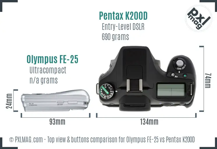 Olympus FE-25 vs Pentax K200D top view buttons comparison