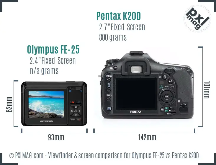 Olympus FE-25 vs Pentax K20D Screen and Viewfinder comparison