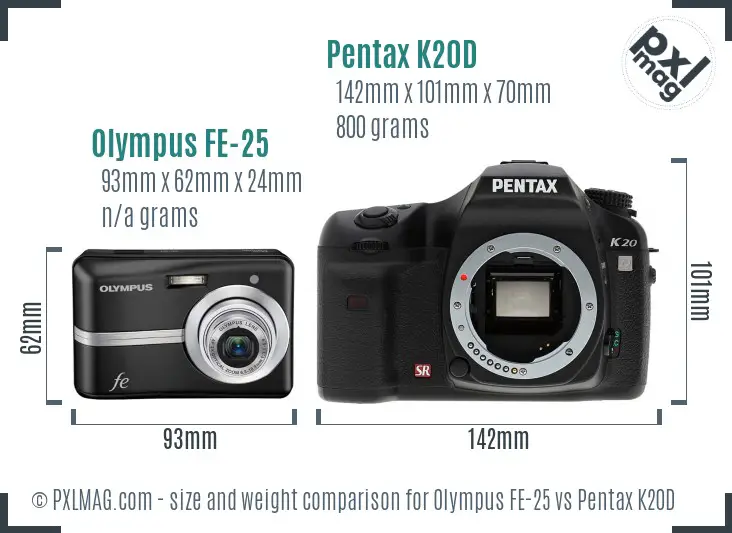 Olympus FE-25 vs Pentax K20D size comparison