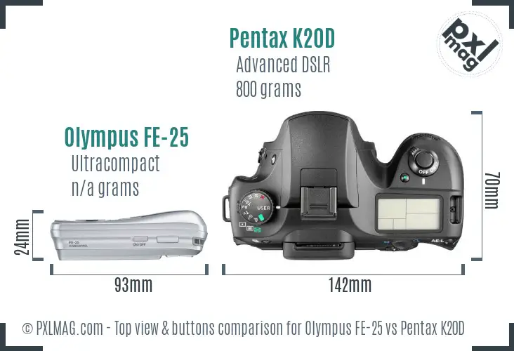 Olympus FE-25 vs Pentax K20D top view buttons comparison