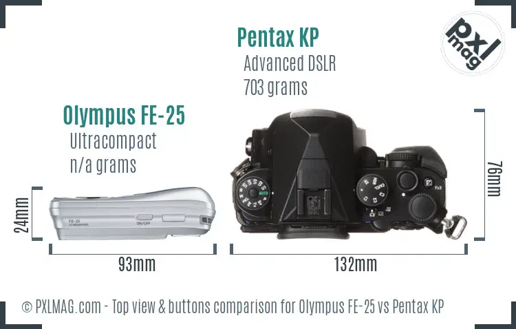 Olympus FE-25 vs Pentax KP top view buttons comparison