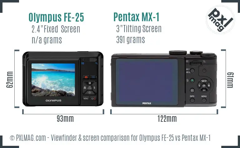 Olympus FE-25 vs Pentax MX-1 Screen and Viewfinder comparison