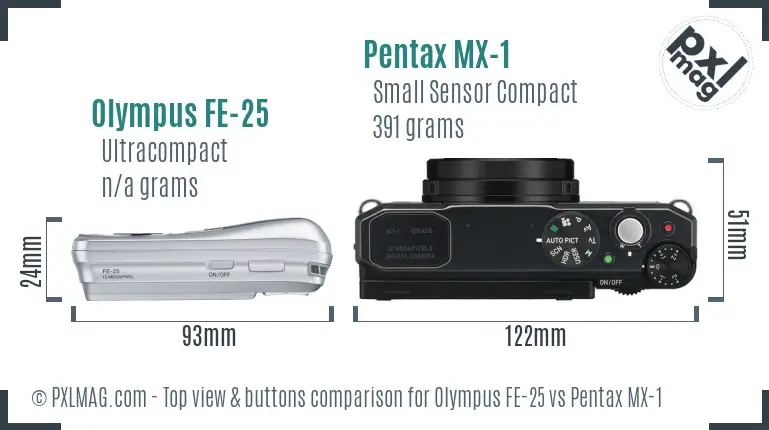 Olympus FE-25 vs Pentax MX-1 top view buttons comparison