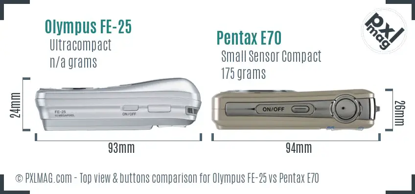 Olympus FE-25 vs Pentax E70 top view buttons comparison