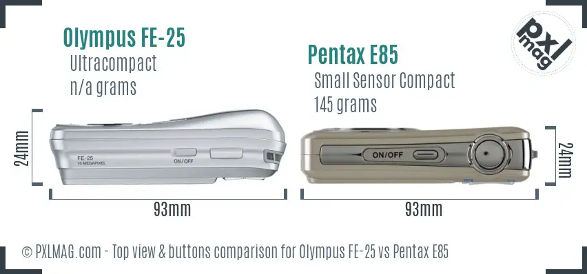 Olympus FE-25 vs Pentax E85 top view buttons comparison