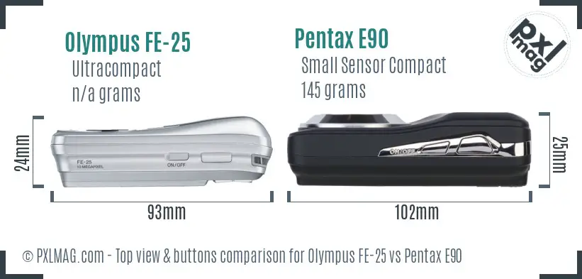 Olympus FE-25 vs Pentax E90 top view buttons comparison